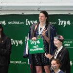 CAMBRIDGE, MA - FEBRUARY 18: University of Pennsylvania swimmer Lee Thomas smiles on the podium after winning the 200m freestyle at the 2022 Ivy League Women's Swimming and Diving Championships on February 18 at Blodgett Basin in Massachusetts.