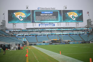 Due to weather delays, the NFL football game between the Baltimore Ravens and the Jacksonville Jaguars was postponed on Sunday, November 27, 2022 in Jacksonville, Florida.