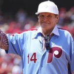 Former Philadelphia Phillies outfielder Pete Rose greets the crowd before a game against the Washington Nationals at Citizens Bank Park on August 7, 2022 in Philadelphia, Pennsylvania. Mitchell Sheet/Getty Images