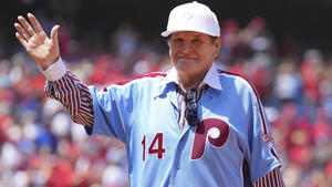 Former Philadelphia Phillies outfielder Pete Rose greets the crowd before a game against the Washington Nationals at Citizens Bank Park on August 7, 2022 in Philadelphia, Pennsylvania. Mitchell Sheet/Getty Images