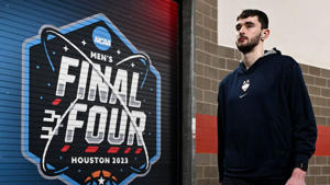 Alex Karaban of the Connecticut Huskies competes in the final four media appearances of the NCAA Tournament at NRG Stadium on March 30, 2023 in Houston. Photo by Brett Wilhelm/NCAA via Getty Images