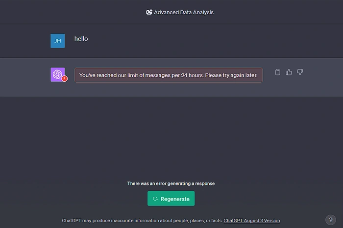 ChatGPT error You've reached our limit of messages per 24 hours Please try again later