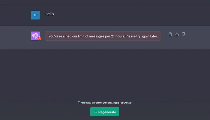 OpenAI ChatGPT You’ve reached our limit of messages per 24 hour