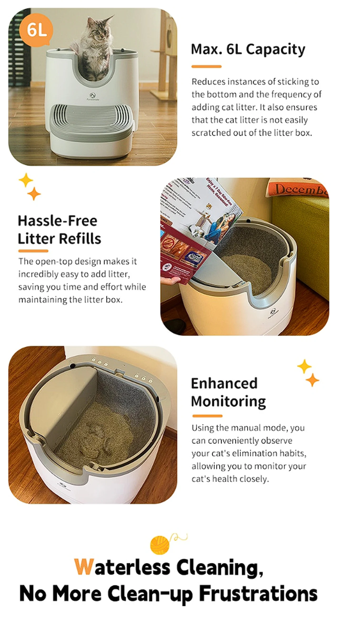 Furoomate self-cleaning cat litter box features