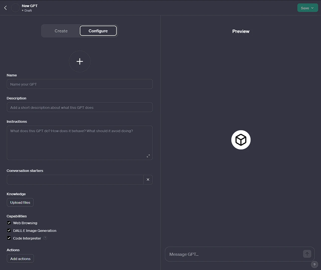 ChatGPT GPT advanced configuration screen